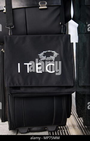 Stuttgart, Germany. 15th May, 2018. 15 May 2018, Germany, Stuttgart: A bag with the ITEC logo hanging from a suitcase during the ITEC fair for military and weapons technology. Credit: Sebastian Gollnow/dpa/Alamy Live News Stock Photo