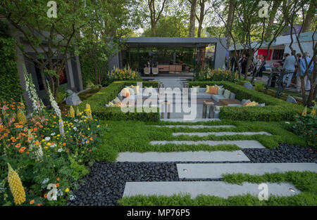 Royal Hospital Chelsea, London, UK. 22 May, 2018. Press day for the RHS Chelsea Flower Show 2018. Photo: The LG Eco-City Show Garden designed by Hay-Joung Hwang represents the green space allocated to one housing unit in a ‘vertical forest’ of residential apartments. Credit: Malcolm Park/Alamy Live News. Stock Photo