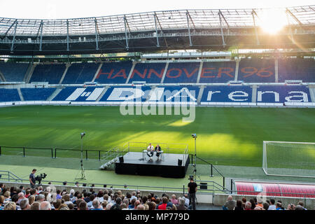 21 May 2018, Germany, Hannover, Soccer: Per Mertesacker, former player for the German soccer national team, during his book's launch in the HDI Arena in Hannover. Mertesacker is presenting his autobiography 'Weltmeister ohne Talent' ('World Champion without talent') in Hannover. Photo: Peter Steffen/dpa Stock Photo