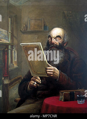 John Burton (1799-1882), Gallery benefactor. John Burton sits contemplating a painting he holds in his hand. He is smoking a long clay pipe. He has a big beard and bald head. There are several other paintings around him. between 1843 and 1882.   731 John Burton (1799-1882), Gallery benefactor YORAG-382 Stock Photo