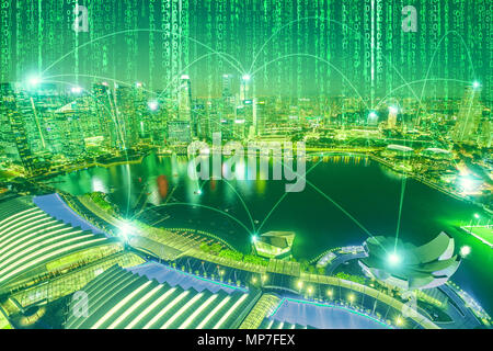 The concept of digital connection and virtual connectivity between buildings of a city. The financial district of Singapore skyline with matrix sky background in green. Stock Photo
