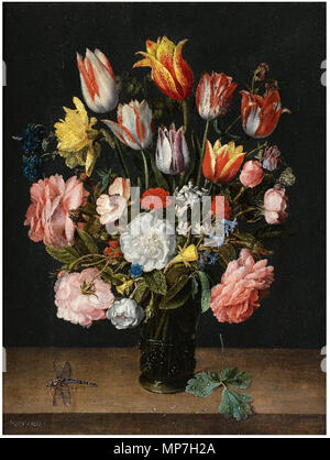 English: A still life of tulips, roses, bluebells, daffodils, a peony and other flowers in a glass roemer on a wooden ledge with a dragonfly   between 1608 and 1647.   684 Jacob van Hulsdonck - A still life of tulips, roses, bluebells, daffodils, a peony and other flowers in a glass roemer on a wooden ledge with a dragonfly Stock Photo