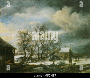 Winter landscape with a snow covered tree group.  English: Winter landscape with a snow covered tree group . 1670s.   685 Jacob van Ruisdael - Winters landscape with a man with a dog Stock Photo