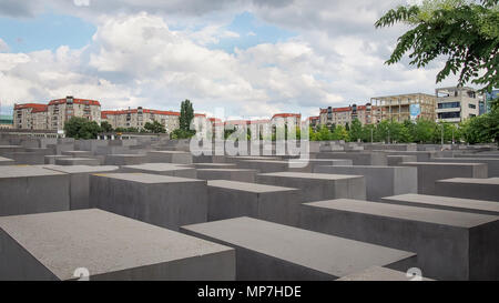 BERLIN, GERMANY-JULY 30, 2016: Memorial to the Murdered Jews of Europe (aka  Holocaust Memorial) designed by architect Peter Eisenman and engineer Bur Stock Photo