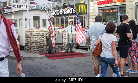 BERLIN, GERMANY-JULY 30, 2016: Checkpoint Charlie (aka Checkpoint C) in the middle of the day Stock Photo