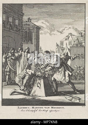 . English: Iacobus, Kartog van Monmout, etching by Jan Luyken. 1698. Jan Luyken 693 James Scott, 1st Duke of Monmouth execution Stock Photo