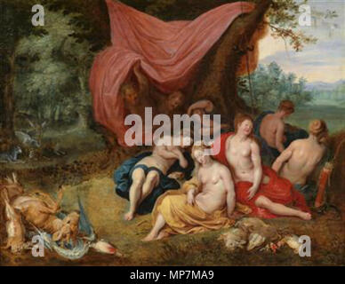 The sleeping goddess Diana and her nymphs after the hunt, observed by satyr)  17th century.   696 Jan Brueghel II, Jan van Balen - The sleeping goddess Diana and her nymphs after the hunt, observed by satyrs Stock Photo