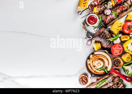 Assortment various barbecue food grill meat, bbq party fest - shish kebab, sausages, grilled meat fillet, fresh vegetables, sauces, spices, white marb Stock Photo