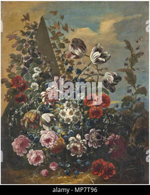 .  English: Roses, parrot, tulips, peonies, daisies and other flowers before a sculpted pyramid . between 1674 and 1732.   709 Jean Baptist Morel - Roses, parrot, tulips, peonies, daisies and other flowers before a sculpted pyramid Stock Photo