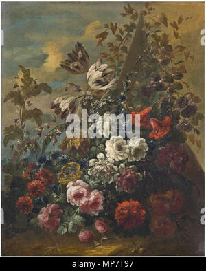 .  English: 'Roses, parrot tulips, peonies and other flowers before a sculpted pyramid . between 1674 and 1732.   709 Jean Baptist Morel - Roses, parrot tulips, peonies and other flowers before a sculpted pyramid Stock Photo