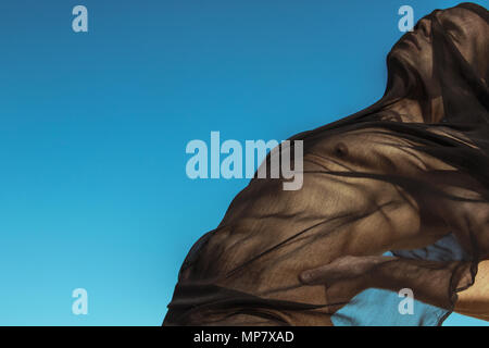 Guy with black scarf and wind on sky background in dessert Stock Photo