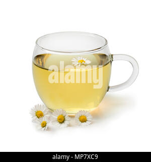 Cup of fresh healthy daisy tea decorated with flowers isolated on white background Stock Photo