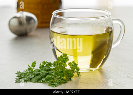 Cup of fresh healthy chervil tea with fresh green leaves Stock Photo