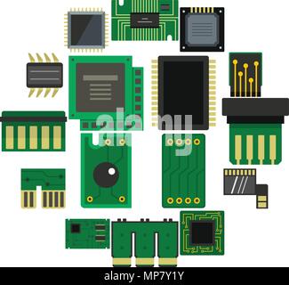 Computer chips icons set in flat style Stock Vector