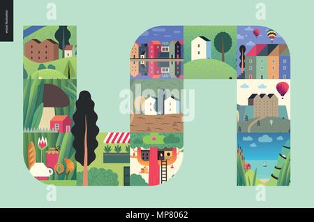 Simple things - houses - flat cartoon vector illustration of colorful countryside house, buildings, architecture, treehouse, air balloons, sea, boat,  Stock Vector