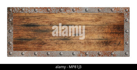 Old blank empty rectangle shape vintage brown wooden sign with rusty metal border and studs isolated on white background Stock Photo