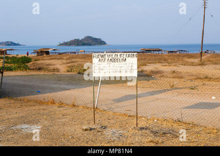 Sign for Fudwe Wildlife Farm and Museum, alocal attraction and place of interest on the coast of Likoma Island, Lake Malawi, Malawi, south-east Africa Stock Photo