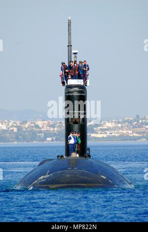 The U.S. Navy Los Angeles-class fast-attack submarine USS Albany transits through Souda Bay June 11, 2008 in Crete, Greece.   (photo by Paul Farley via Planetpix) Stock Photo