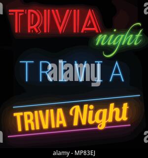Trivia night glowing neon sign on black background, vector illustration Stock Vector