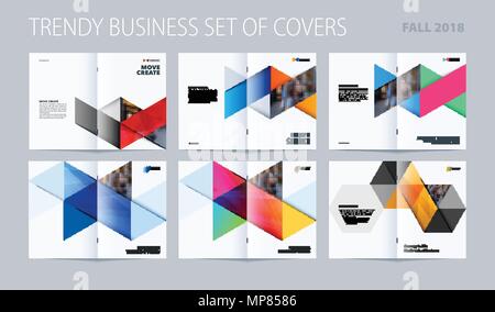Abstract double-page brochure design hexagon style with colourful triangles for branding. Business vector presentation broadside. Stock Vector