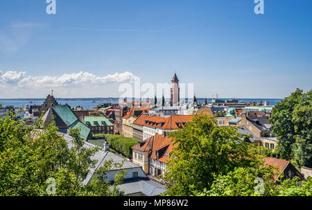 view over the roofs of the Baltic Sea coastal city of Helsingborg from the Kärnan medieval fortress with the tower of the Radhuset, the Helsingborg Ci Stock Photo