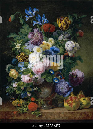 Still Life.  English: Still Life With Tulips, Carnations, Roses, Irises, Narcissi And Various Other Flowers In A Silver Vase Together With Figs, Grapes and Pomegranates on a Marble Ledge . 1810.   716 Jean-Pierre-Xavier Bidauld - Still-Life - WGA2175 Stock Photo