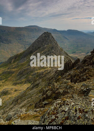 Tryfan, Bristly Ridge and the Ogwen Valley from the summit of Glyder Fach, Snowdonia National Park, Wales Stock Photo