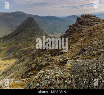 Tryfan, Bristly Ridge and the Ogwen Valley from the summit of Glyder Fach, Snowdonia National Park, Wales Stock Photo