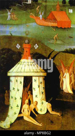 Terrestrial Paradise (fragment of a Last Judgment).. Fragment of the left wing of a triptych depicting the Last Judgment. For a fragement of the right wing, see File:Hieronymus Bosch - Last Judgment (fragment of Hell) - WGA02578.jpg. For a similar triptych which has been preserved completely, see File:Bosch follower Last Judgment Triptych (Maeterlinck).jpg. circa 1500 (1490-1510).   719 Jheronimus Bosch Paradise Stock Photo