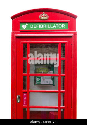Defibrillator. An old red telephone box being used to house a public defribillator, Sheldon, Derbyshire, England, UK Stock Photo