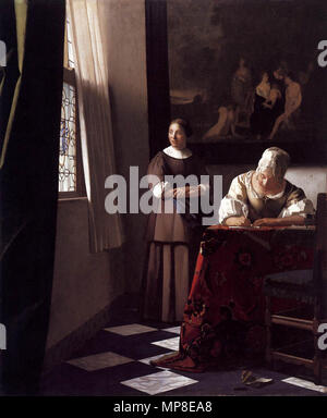 Lady Writing a Letter with Her Maid  circa 1670.   730 Johannes Vermeer - Lady Writing a Letter with Her Maid - WGA24696