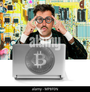 Funny nerd hacker with Bitcoin BTC mining engineer on circuit background Stock Photo
