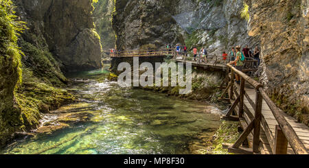 Soteska vintgar gorge with tourists walking on boardwalk along river on sunny day Stock Photo