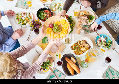 Top View of Happy Family Dinner Stock Photo