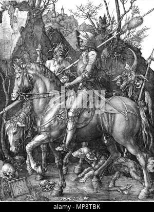 . Albrecht Dürer. Knight, Death and the Devil. 1513. Engraving. 24,6 × 18,9 cm. 1513.   Albrecht Dürer         Alternative names Albrecht Dürer  Description German painter, printmaker, mathematician, illuminator, copperplate engraver and drawer  Date of birth/death 21 May 1471 / 21 May 1471 6 April 1528 / 6 April 1528  Location of birth/death Nuremberg Nuremberg  Work location Nuremberg (1484–1490), Basel (1490–1494), Strasbourg (1490–1494), Colmar (1490–1494), Frankfurt (1490–1494), Mainz (1490–1494), Cologne (1490–1494), Nuremberg (21 May 1494–1528), Innsbruck (1494), Venice (1494–1495), 150 Stock Photo