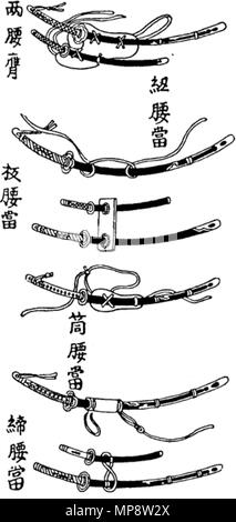 . English: A Japanese Edo period wood block of koshiate (Sword Hangers). 1735. Hayakawa Kyuukei 774 Koshiate (Sword Hangers) Stock Photo