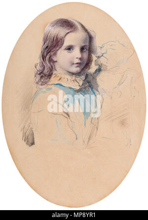 . English: ‘Alice aged 9’. Alice Charlton (1852-1929) later Mrs Lewis Ayshford-Wise. Pencil, watercolour and gouache. Provenance: by family descent. Oval 10.25x7.5 inches. 1861 or 1862.   Édouard Lacretelle  (1817–1900)    Alternative names Edouard Lacretelle; Jean-Édouard Lacretelle; Jean Edouard Lacretelle; Jean Édouard Lacretelle  Description French painter  Date of birth/death 4 June 1817 3 May 1900  Location of birth/death Forbach 16th arrondissement of Paris  Authority control  : Q3579919 VIAF: 63873840 ULAN: 500007741 LCCN: nr92032512 SUDOC: 182090027 RKD: 47287 WorldCat 788 Lacretelle- Stock Photo