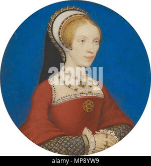 .  English: Portrait Miniature of Elizabeth, Lady Audley. Watercolour on vellum mounted on playing card, 5.6 cm diameter, Royal Collection, Windsor Castle . circa 1538.   788 Lady Audley, by Hans Holbein the Younger 02 Stock Photo