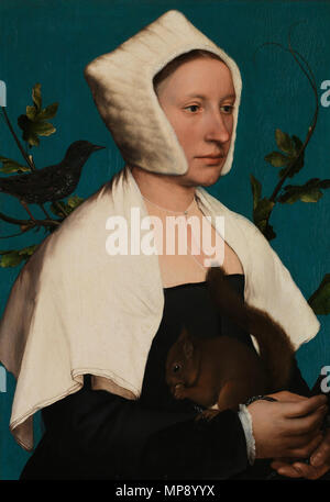 Portrait of a Lady with a Squirrel and a Starling, probably Anne Lovell.  The subject of this portrait was identified in 2004 as Anne Lovell, wife of Sir Francis Lovell (d. 1551), an esquire of the body to Henry VIII. David J. King, in his article 'Who was Holbein's lady with a squirrel and a starling?', proposed that the starling in the painting encodes a pun on the Lovell family's seat at East Harling, Norfolk.[1] The starling and the squirrel were traditional elements in the Lovell iconography.[2] Holbein painted the portrait during his first visit to England, which lasted from summer 1526  Stock Photo