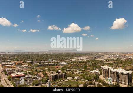 Aerial view of the Great Salt Lake, SLC Airport, Antelope Island, and south Salt Lake City viewed from downtown SLC, Utah, USA. Stock Photo