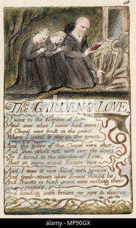 .  English: Songs of Innocence and of Experience copy N object 16 The GARDEN of LOVE . 1795.    William Blake  (1757–1827)       Alternative names W. Blake; Uil'iam Bleik  Description British painter, poet, writer, theologian, collector and engraver  Date of birth/death 28 November 1757 12 August 1827  Location of birth/death Broadwick Street Charing Cross  Work location London  Authority control  : Q41513 VIAF: 54144439 ISNI: 0000 0001 2096 135X ULAN: 500012489 LCCN: n78095331 NLA: 35019221 WorldCat 1131 Songs of Innocence and of Experience copy N object 16 The GARDEN of LOVE Stock Photo