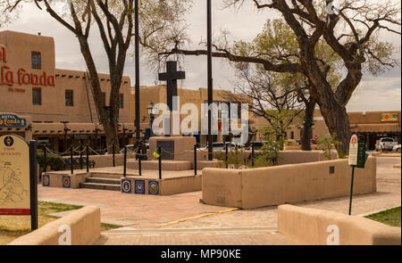 Taos, New Mexico, USA - April 12, 2018: Taos Plaza restaurants, hotels, shops and monuments. Downtown Tao Historic District, New Mexico. Stock Photo