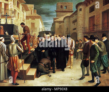 Last moments of Juan de Lanuza.  English: The painting represents the last days of the Chusticia of Aragon es:Juan de Lanuza y Urrea (1564-1591), who he was beheaded in Zaragoza in 1591 by King Philip II of Spain. At behind is the gate Puerta de Toledo (Zaragoza).     793 Last moments of Juan de Lanuza Stock Photo