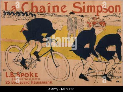 . English: Henri de Toulouse-Lautrec publicity poster from circa 1890s, Constant Huret riding with a Simpson chain behind the Gladiator tandem pacer at the Velodrome de la Seine. Poster / advertising image was published internationally by Simpson chains in the 1890s. 1890s.   Henri de Toulouse-Lautrec  (1864–1901)      Alternative names Henri Marie Raymond de Toulouse-Lautrec-Monfa  Description French poster artist, lithographer, painter, artist and graphic artist  Date of birth/death 24 November 1864 9 September 1901  Location of birth/death Albi Château Malromé [Malromé castle] (Gironde)  Wo Stock Photo