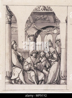 . English: Leaina Before the Judges, mural design for the Hertenstein House in Lucerne. Black and grey pen and brush, with grey wash, 21.2 × 16.4 cm, Kunstmuseum Basel Holbein drew this design for the murals for the façade of the merchant Jakob von Hertenstein's house in Lucerne, Switzerland, between 1517 and 1519. The murals themselves no longer exist. The drawing shows Leaina, a legendary courtesan from ancient Athens. She bites off her tongue rather than testify to judges against her lover Aritogeiton, the tyrannicide. c. 1517–18.   Hans Holbein  (1497/1498–1543)       Alternative names Han Stock Photo