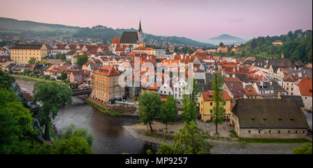 Panoramic view over the picturesque town of Cesky Krumlov, Czech Republic, at dawn Stock Photo