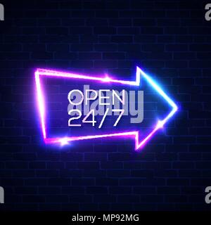 Open 24 7 hours neon light sign on brick wall background. 24 hours night club bar electric street signage. 3d retro arrow pointer with neon effect. Brick texture vector illustration in 80s style. Stock Vector