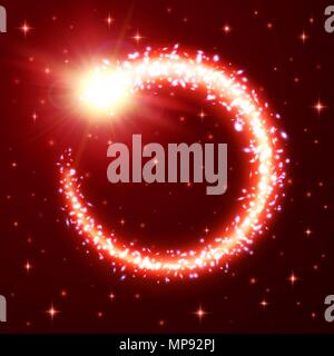 A bright comet with dust and gas trail. Glowing comet frame on red space starry background with night sky. Flash of light galactic nebula. Comet tail with glitter particles. Cosmic vector illustration Stock Vector