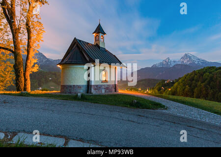 Lockstein chapel at twilight, with view towards mountain Watzmann. Berchtesgarden, Bavaria, Germany Stock Photo