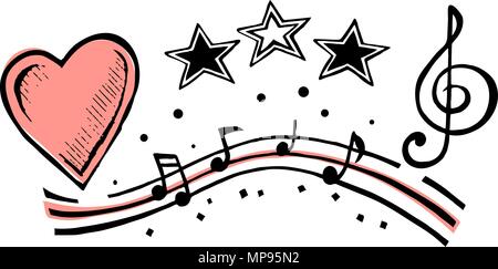 Musical notes and heart sketch Stock Vector